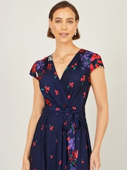 Yumi Blue/Red Floral Mirror Wrap Dress With Dip Hem Dress - Image 3 of 4