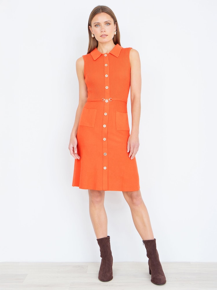 Yumi Orange Rib Knitted Skater Dress With Buckle Detail - Image 1 of 4