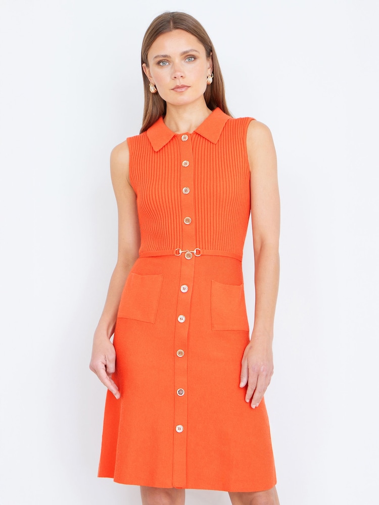 Yumi Orange Rib Knitted Skater Dress With Buckle Detail - Image 2 of 4