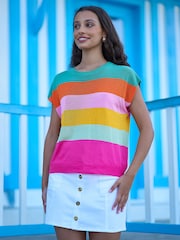 Yumi Green Block Stripe Relaxed Knitted Top - Image 1 of 4