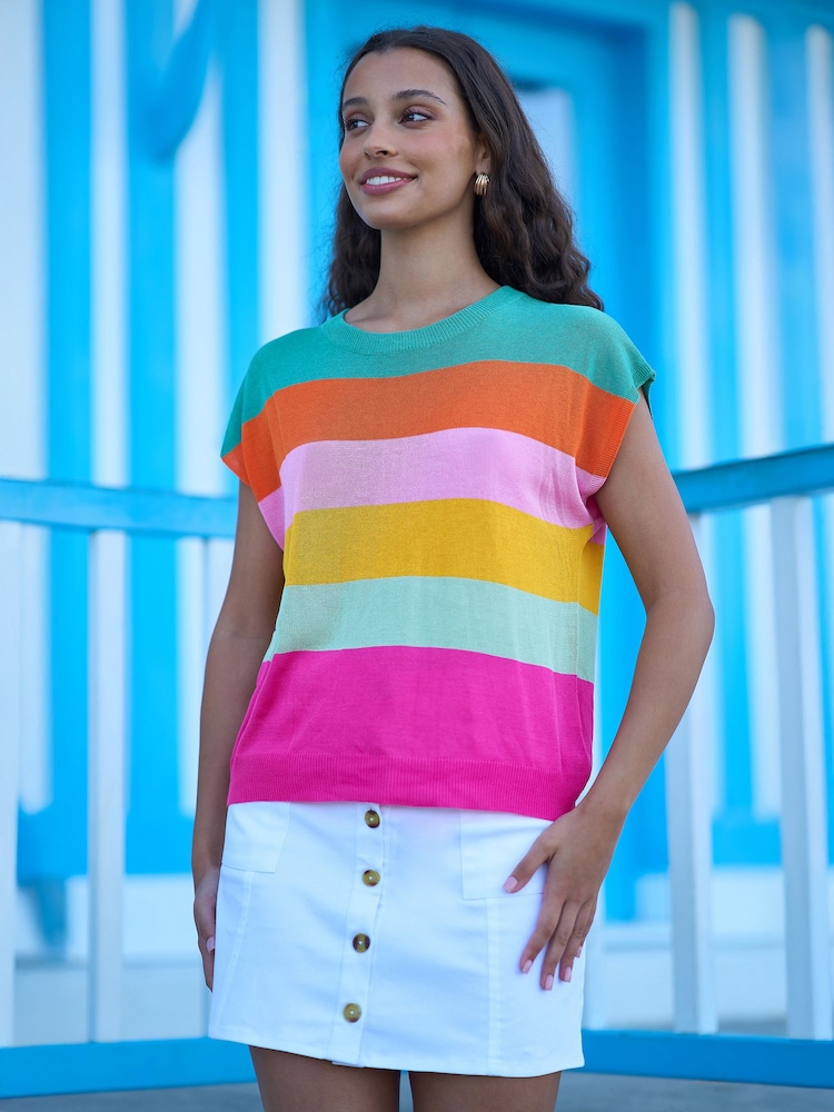 Yumi Green Block Stripe Relaxed Knitted Top - Image 1 of 4