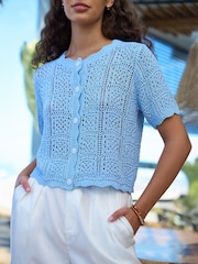 Yumi Blue Crochet Short Sleeve Cardigan - Image 3 of 5