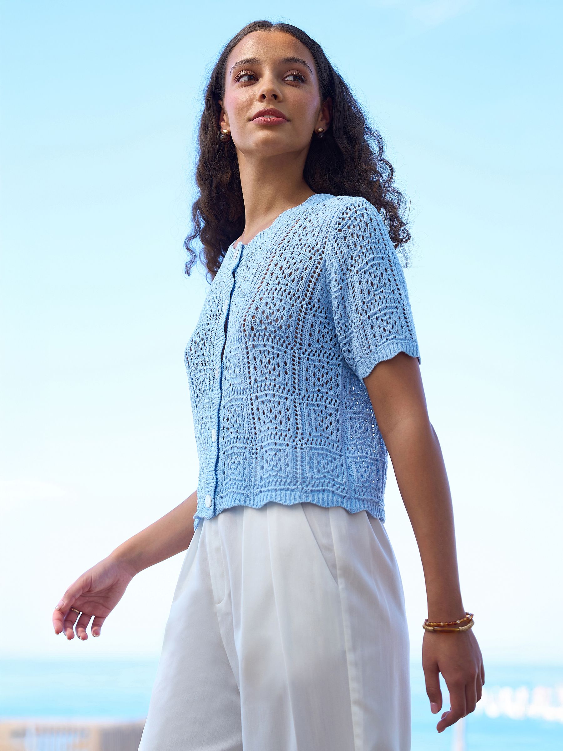 Buy Yumi Blue Crochet Short Sleeve Cardigan from the Next UK