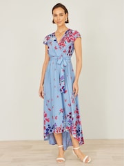 Yumi Blue Floral Mirror Wrap Dress With Dip Hem Dress - Image 1 of 4