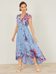 Yumi Blue Floral Mirror Wrap Dress With Dip Hem Dress - Image 2 of 4