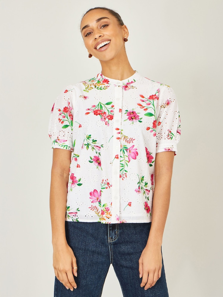 Yumi White Cotton Broderie Anglaise Floral Shirt - Image 1 of 5 Yumi White Cotton Broderie Anglaise Floral Shirt - Image 1 of 5