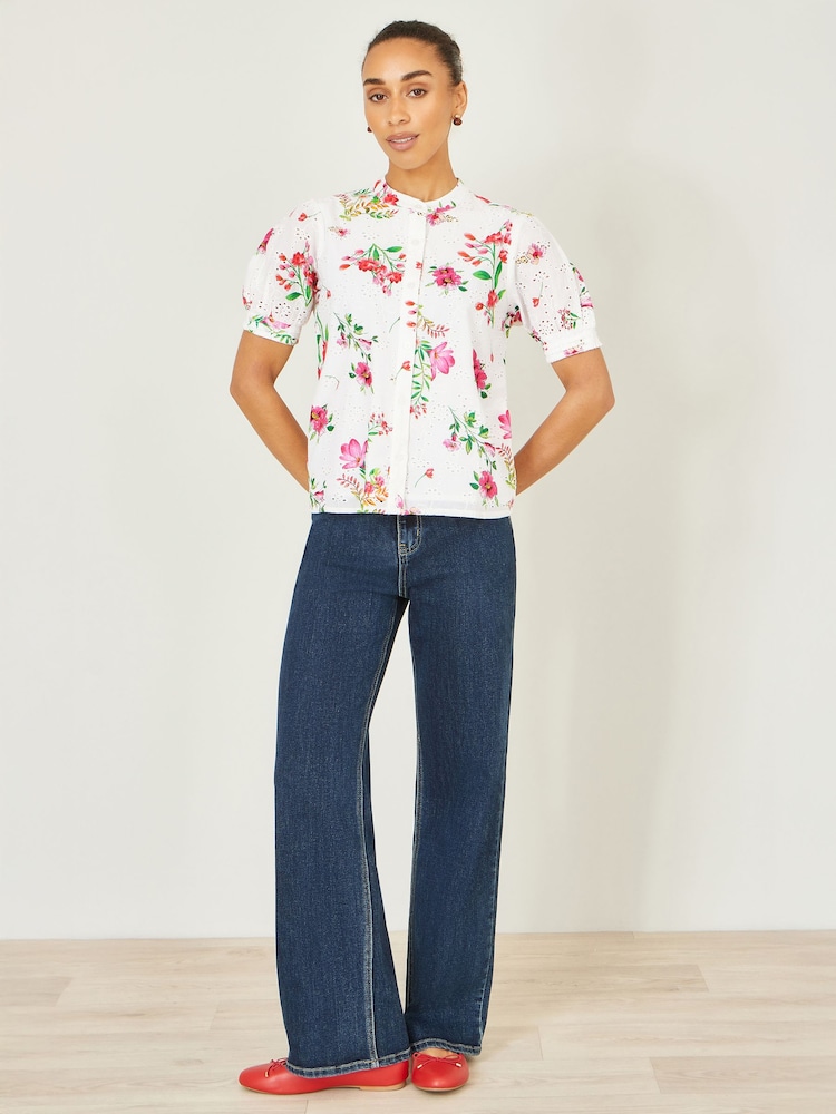 Yumi White Cotton Broderie Anglaise Floral Shirt - Image 2 of 5 Yumi White Cotton Broderie Anglaise Floral Shirt - Image 2 of 5
