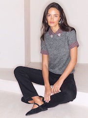 Lipsy Grey Check Collar Embellished Detail Knitted Jumper - Image 1 of 5