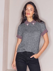 Lipsy Grey Check Collar Embellished Detail Knitted Jumper - Image 3 of 5