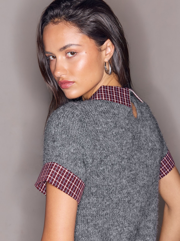 Lipsy Grey Check Collar Embellished Detail Knitted Jumper - Image 5 of 5 Lipsy Grey Check Collar Embellished Detail Knitted Jumper - Image 5 of 5
