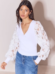 Lipsy Cream Flower Detail Sheer Sleeve V Neck Jumper - Image 1 of 5