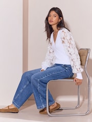 Lipsy Cream Flower Detail Sheer Sleeve V Neck Jumper - Image 2 of 5