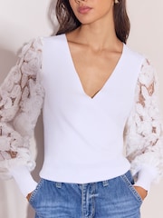 Lipsy Cream Flower Detail Sheer Sleeve V Neck Jumper - Image 3 of 5
