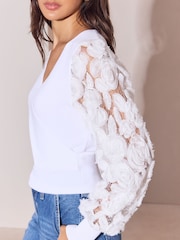 Lipsy Cream Flower Detail Sheer Sleeve V Neck Jumper - Image 4 of 5