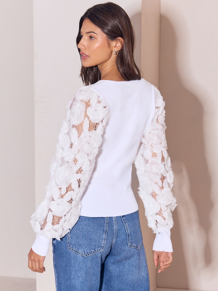 Lipsy Cream Flower Detail Sheer Sleeve V Neck Jumper - Image 5 of 5 Lipsy Cream Flower Detail Sheer Sleeve V Neck Jumper - Image 5 of 5