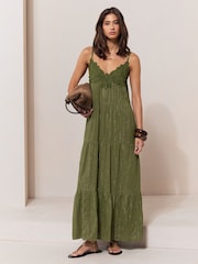 Lipsy Khaki Green Petite Crochet Trim V-Neck Strappy Sparkle Metallic Maxi Dress - Image 1 of 4