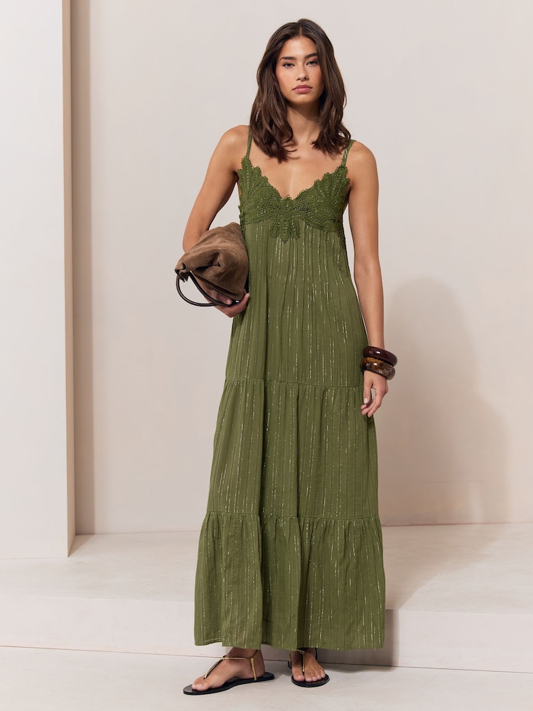 Lipsy Khaki Green Petite Crochet Trim V-Neck Strappy Sparkle Metallic Maxi Dress - Image 1 of 4 Lipsy Khaki Green Petite Crochet Trim V-Neck Strappy Sparkle Metallic Maxi Dress - Image 1 of 4