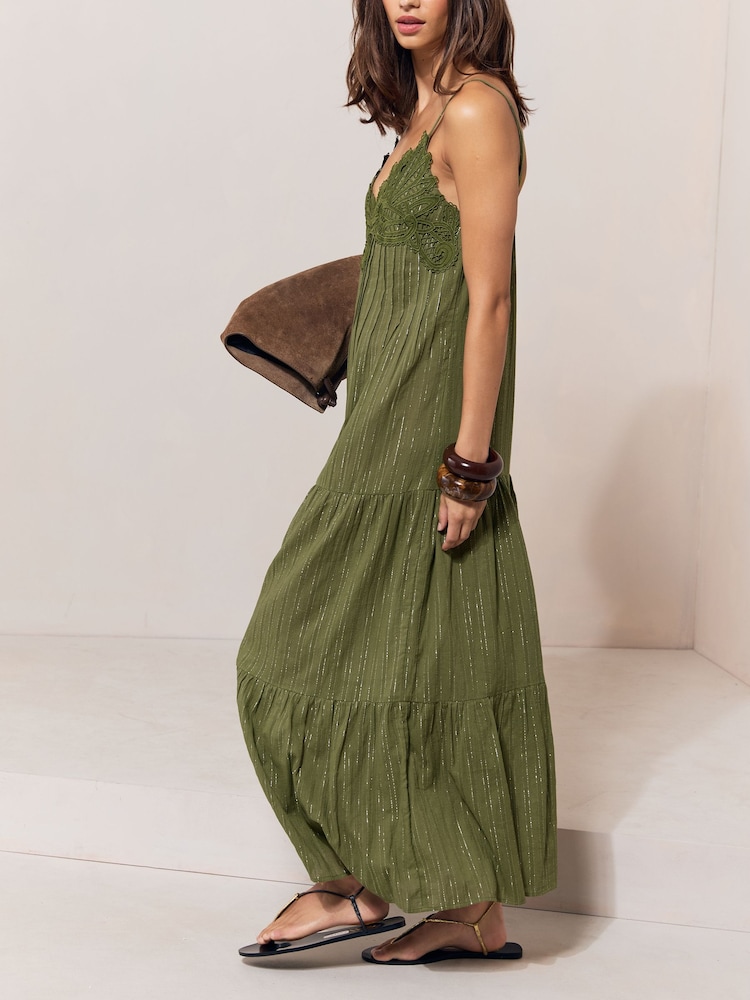 Lipsy Khaki Green Petite Crochet Trim V-Neck Strappy Sparkle Metallic Maxi Dress - Image 4 of 4 Lipsy Khaki Green Petite Crochet Trim V-Neck Strappy Sparkle Metallic Maxi Dress - Image 4 of 4