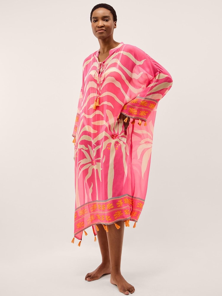 Monsoon Pink Paloma Palm Print Midi Kaftan - Image 1 of 3
