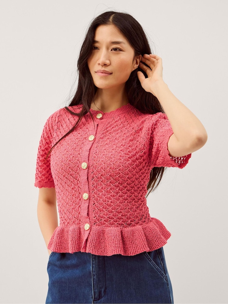 Monsoon Pink Shea Short Sleeve Ruffle Knit Cardigan - Image 1 of 5