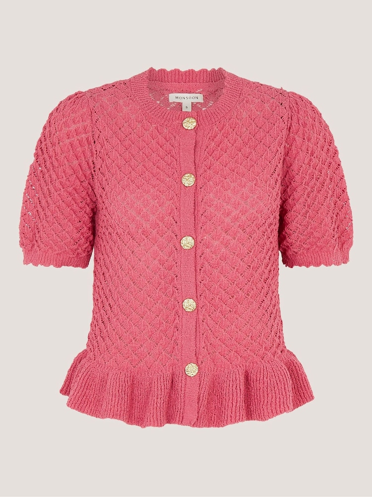 Monsoon Pink Shea Short Sleeve Ruffle Knit Cardigan - Image 5 of 5