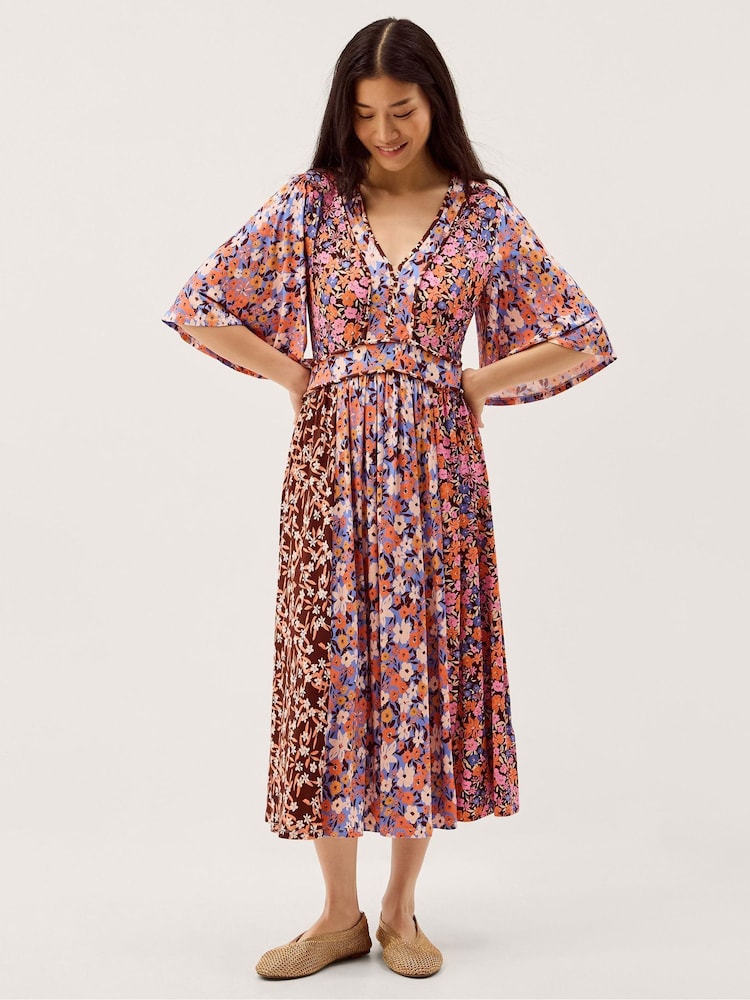 Monsoon Orange Ceri Floral Print Jersey Midi Dress - Image 1 of 6