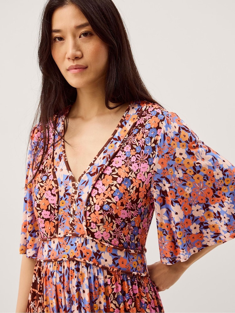 Monsoon Orange Ceri Floral Print Jersey Midi Dress - Image 2 of 6