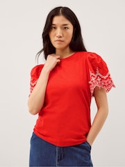 Monsoon Red Bree Broderie Sleeve Jersey T-Shirt - Image 1 of 5