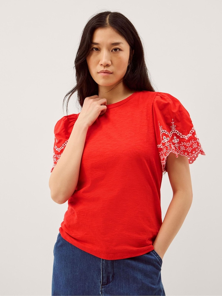 Monsoon Red Bree Broderie Sleeve Jersey T-Shirt - Image 1 of 5