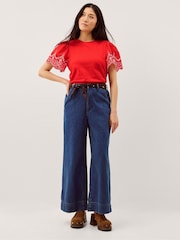 Monsoon Red Bree Broderie Sleeve Jersey T-Shirt - Image 2 of 5