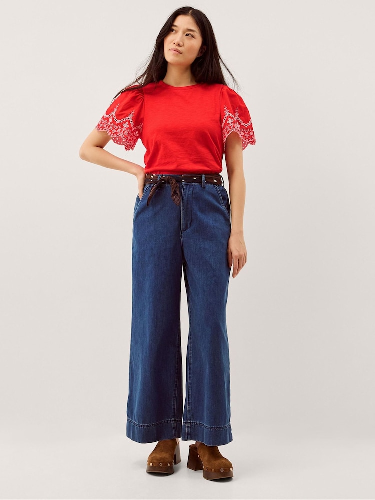 Monsoon Red Bree Broderie Sleeve Jersey T-Shirt - Image 2 of 5