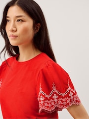 Monsoon Red Bree Broderie Sleeve Jersey T-Shirt - Image 3 of 5