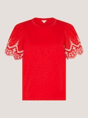 Monsoon Red Bree Broderie Sleeve Jersey T-Shirt - Image 5 of 5