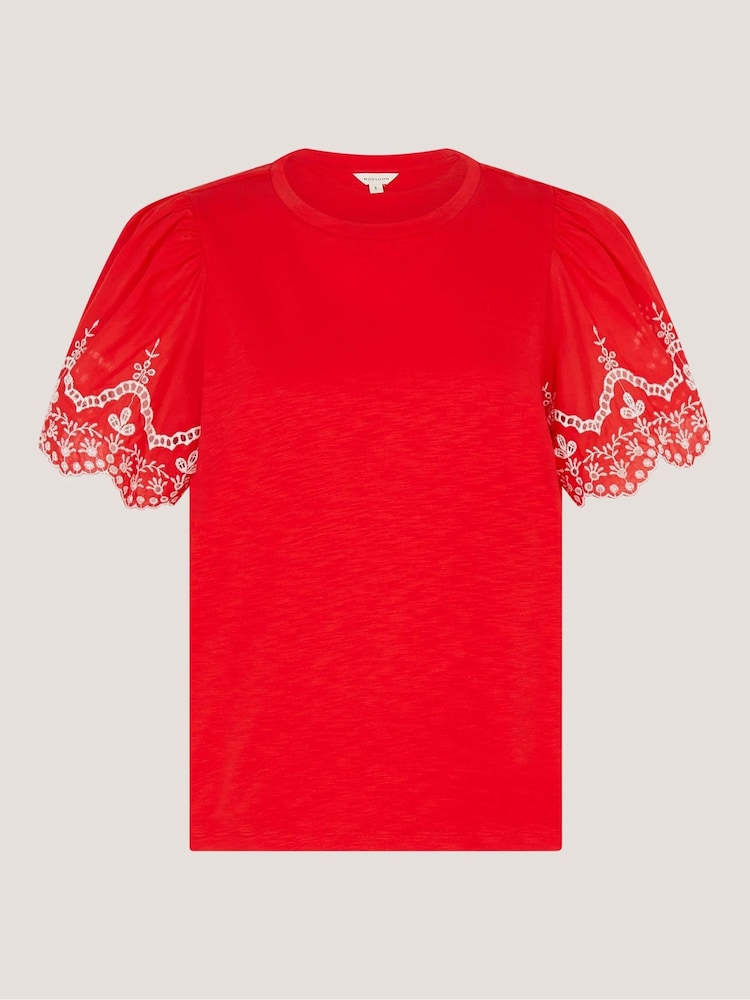 Monsoon Red Bree Broderie Sleeve Jersey T-Shirt - Image 5 of 5