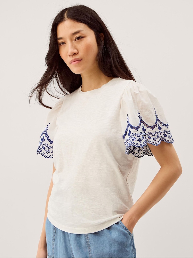Monsoon White Bree Broderie Sleeve Jersey T-Shirt - Image 1 of 5 Monsoon White Bree Broderie Sleeve Jersey T-Shirt - Image 1 of 5