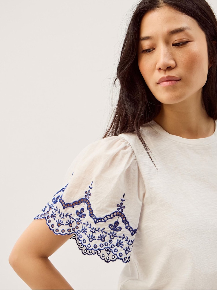 Monsoon White Bree Broderie Sleeve Jersey T-Shirt - Image 2 of 5 Monsoon White Bree Broderie Sleeve Jersey T-Shirt - Image 2 of 5