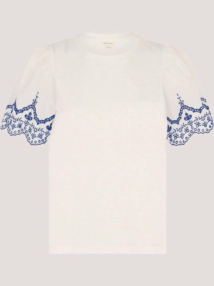 Monsoon White Bree Broderie Sleeve Jersey T-Shirt - Image 5 of 5 Monsoon White Bree Broderie Sleeve Jersey T-Shirt - Image 5 of 5