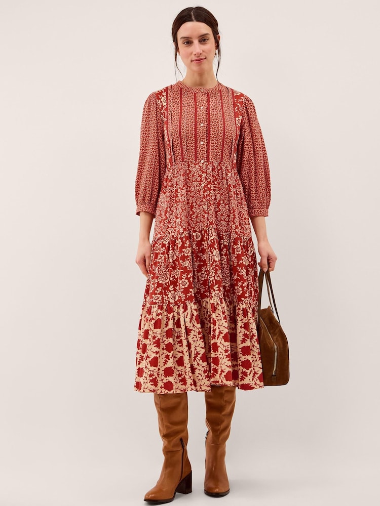Monsoon Red Palmer Floral Jersey Midi Dress - Image 1 of 6