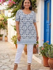 Roman Blue Curve Tile Print Stretch Top - Image 1 of 5