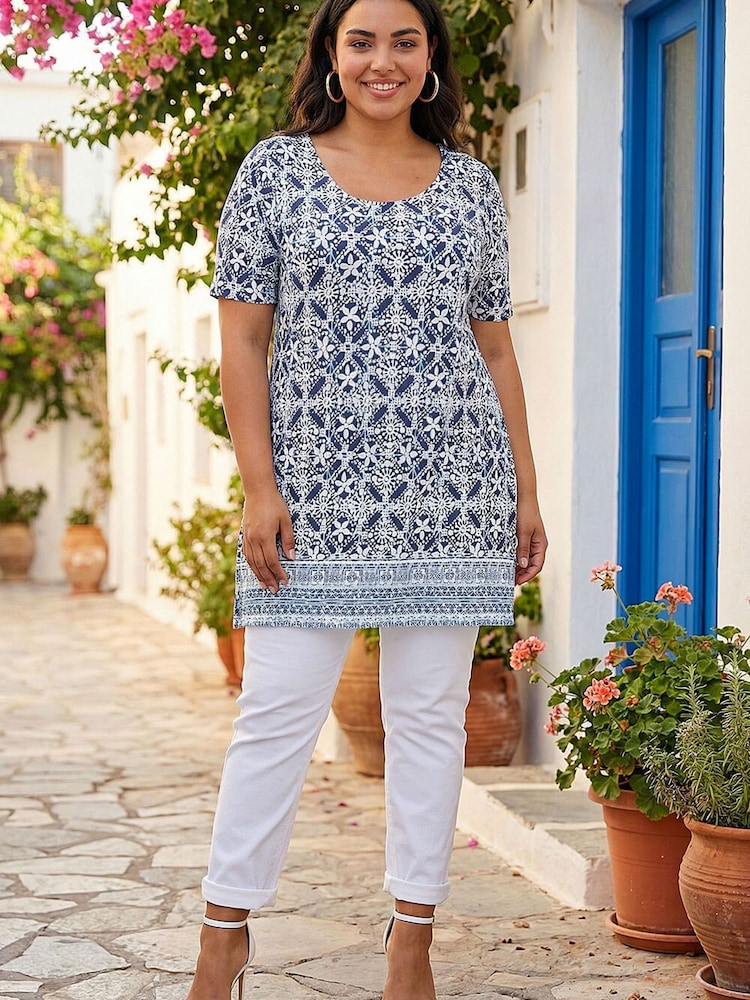 Roman Blue Curve Tile Print Stretch Top - Image 1 of 5