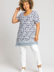 Roman Blue Curve Tile Print Stretch Top - Image 4 of 5