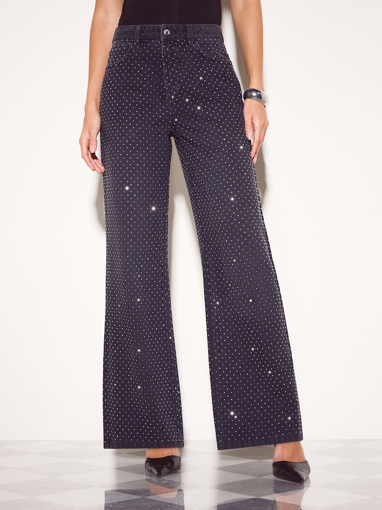 Friends Like These Black Premium Embellished Everyday Wide Leg Denim Jeans - Image 2 of 6