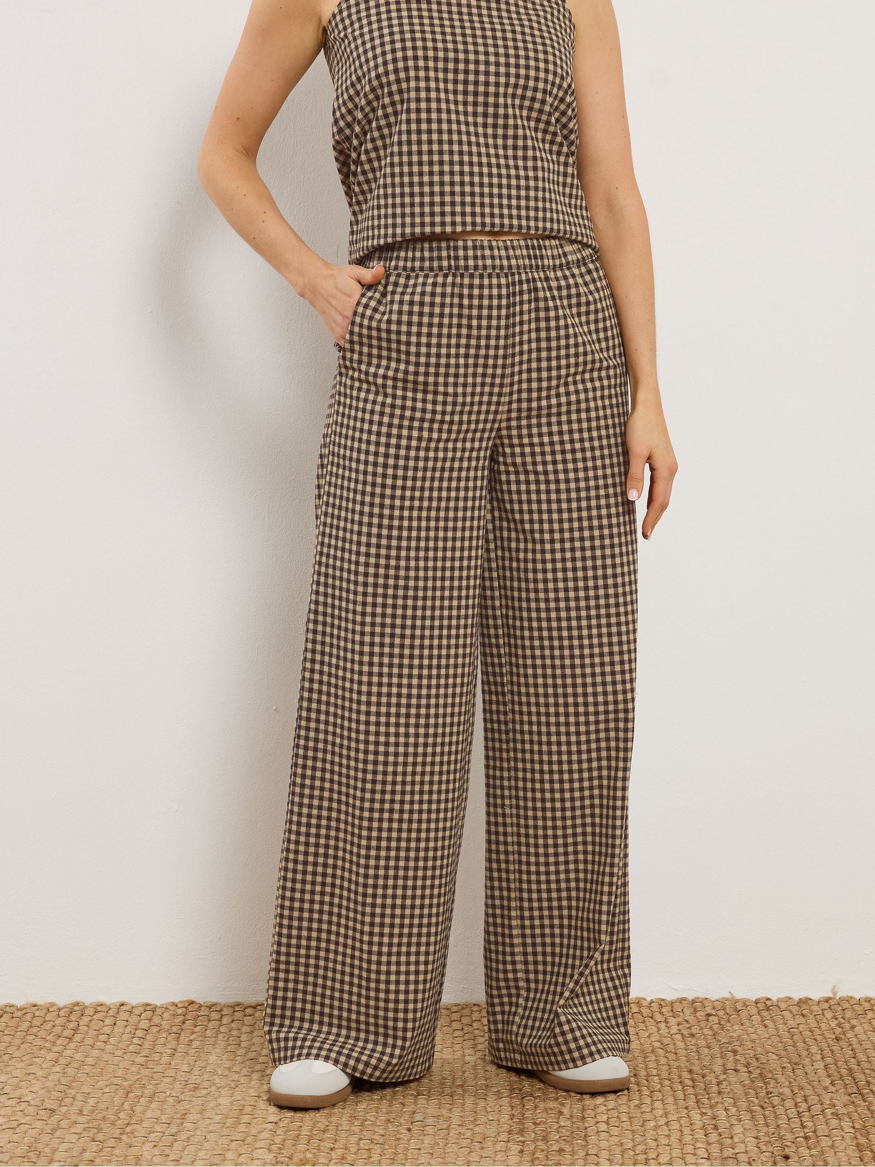 Long Tall Sally Women's Brown Gingham Print Wide Leg Trousers - Image 1