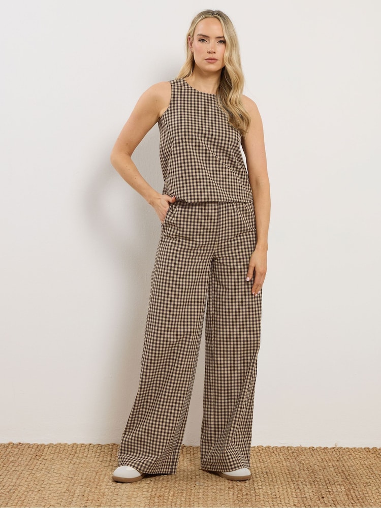 Long Tall Sally Brown Gingham Print Wide Leg Trousers - Image 1 of 4 Long Tall Sally Brown Gingham Print Wide Leg Trousers - Image 1 of 4