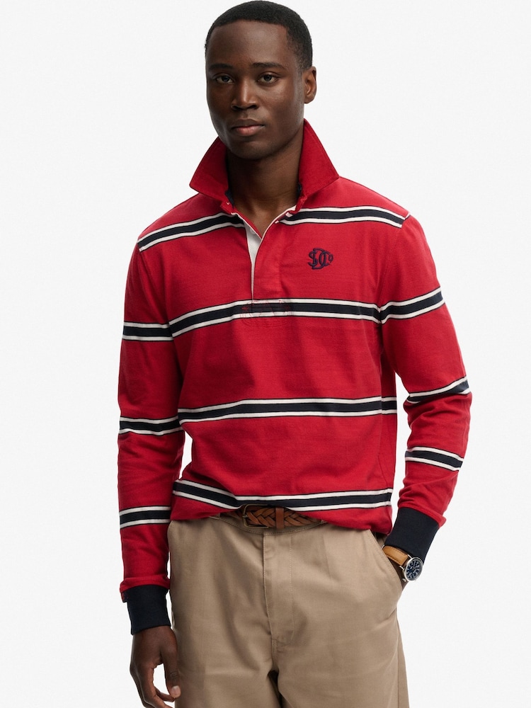 Superdry Red Vintage Athletic Stripe Rugby Top - Image 1 of 5