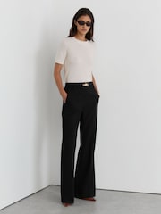 Reiss Black Leona Petite Flared Knot-Hardware Belted Trousers - Image 1 of 8