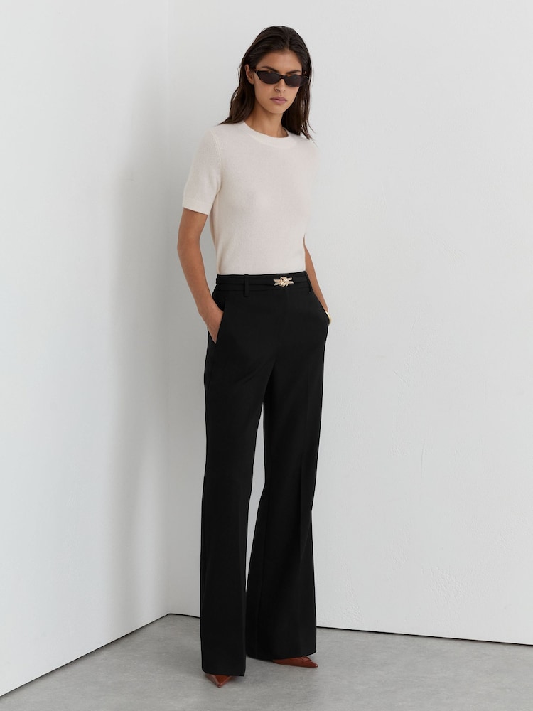 Reiss Black Leona Petite Flared Knot-Hardware Belted Trousers - Image 1 of 8 Reiss Black Leona Petite Flared Knot-Hardware Belted Trousers - Image 1 of 8
