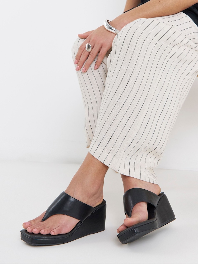 Simply Be Black Extra Wide Fit Wedged Toe Post Heel Sandals - Image 1 of 4