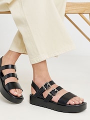 Simply Be Black Extra Wide Fit Triple Strap Comfort Sandals - Image 1 of 4