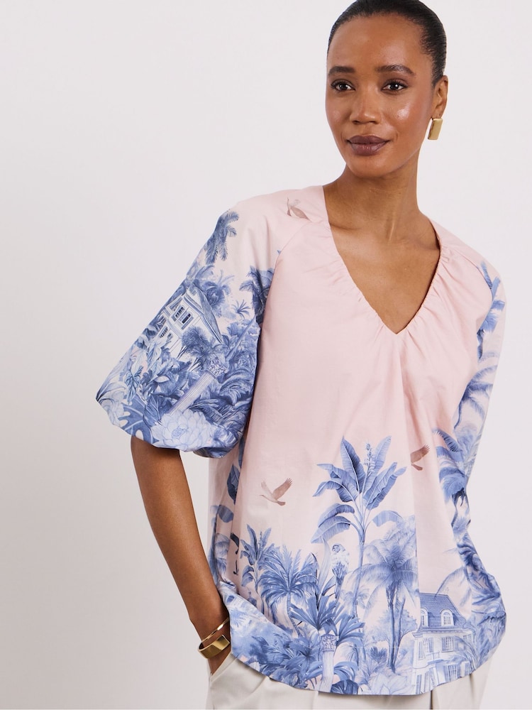 Joanna Hope Blue Cotton Poplin Floral Blouse - Image 2 of 4